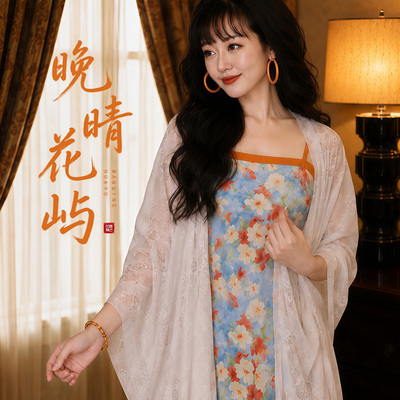 听月小筑【晚晴花屿】原创女复古油画风连衣裙国风新中式碎花长裙