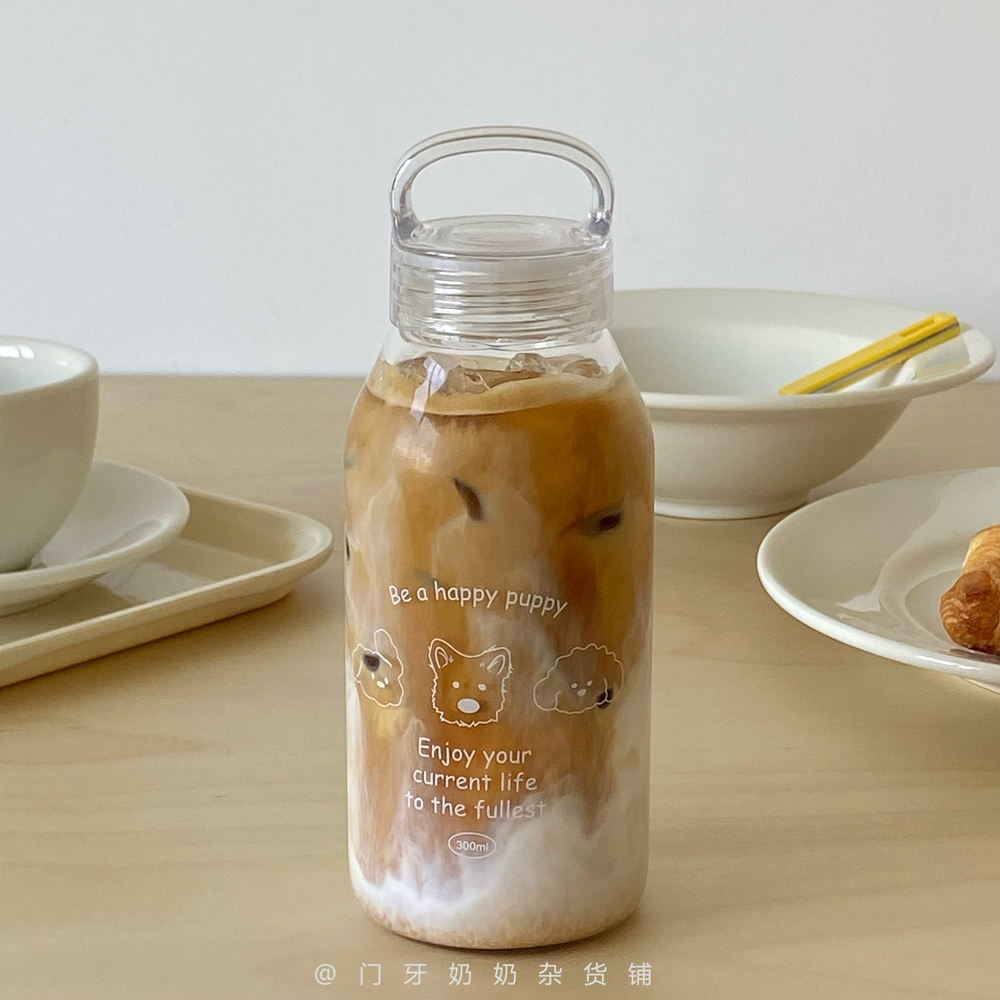 原创快乐小狗玻璃提手杯耐高温大容量水杯随手杯可爱水杯