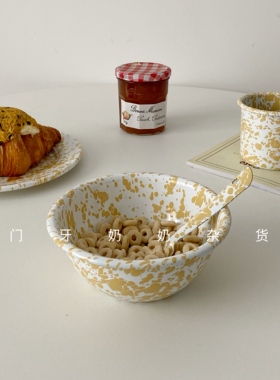 ins风博主同款柠檬黄奶黄色珐琅搪瓷泼墨沙拉麦片碗搪瓷盘杯勺