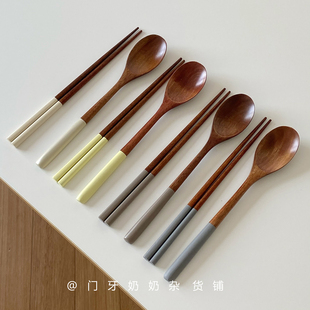 ins风韩式彩色手柄原木筷子勺子两件套装餐具粥勺饭勺