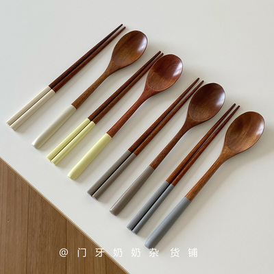 ins风韩式彩色手柄原木筷子勺子两件套装餐具粥勺饭勺