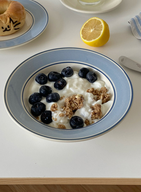 ins简约蓝色线条宽边草帽早餐碗谷物甜品碗早餐甜品蛋糕盘釉下彩