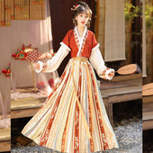 茗月萱原创唐制汉服圆领加绒唐褙子齐腰褶裙日常套装 秋岁宴 冬款