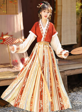 [秋岁宴]茗月萱原创唐制汉服圆领加绒唐褙子齐腰褶裙日常套装冬款