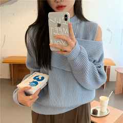 Real shot real price chic foreign style individual off shoulder T-shirt women's lazy casual casual sweater
