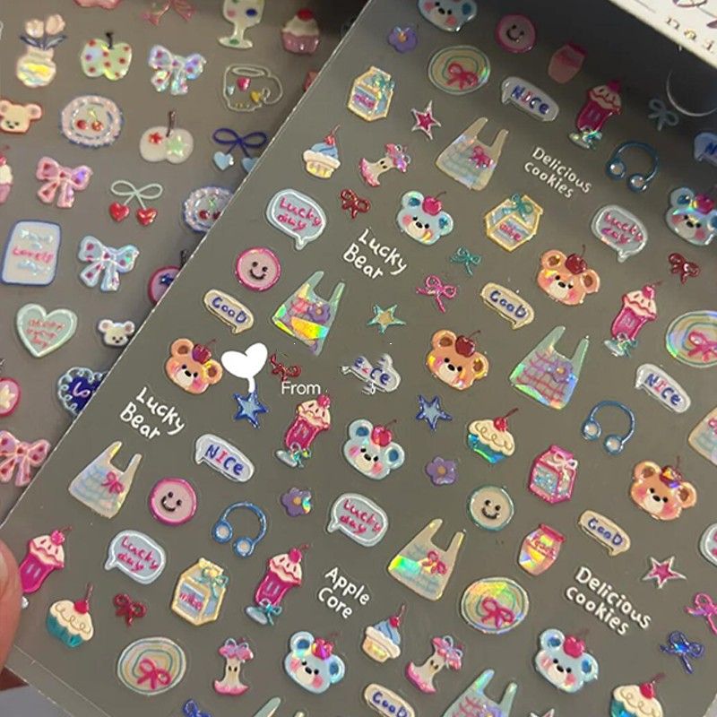 卡通涂鸦可爱浮雕笑脸小熊美甲贴纸小清新立体笔杆宝宝diy指甲贴