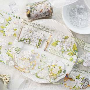 手帐分装 胶带007素馨五宝花鸟笼下午茶贝壳光PET素材账流麻贴纸咕