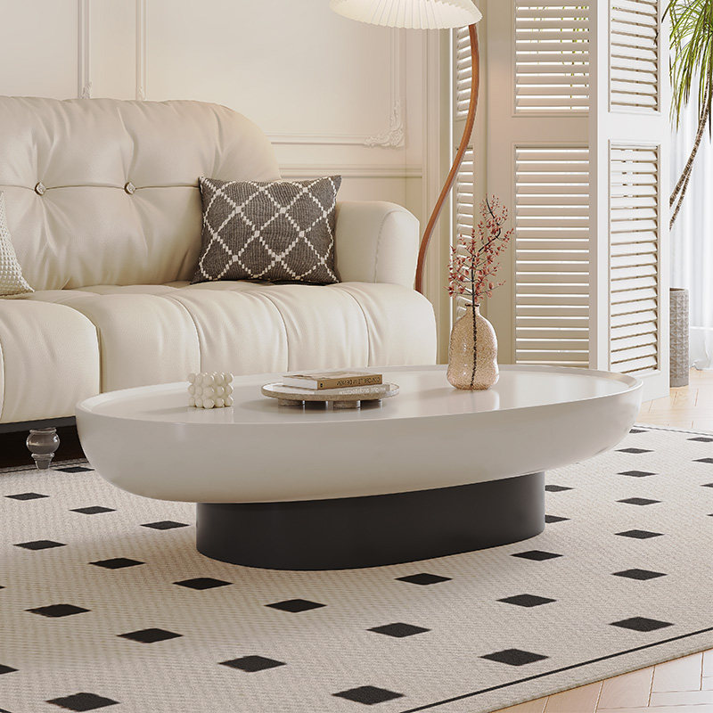 法式复古椭圆形茶几家用小户型奶油风经济型黑白烤漆客厅沙发茶几