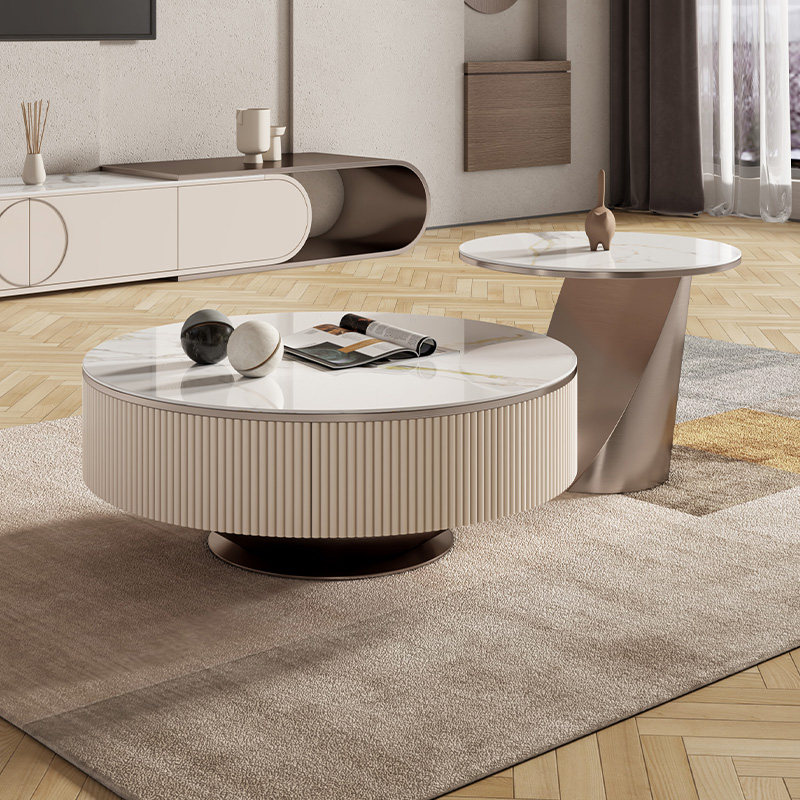 纳美格调轻奢圆形茶几组合小户型现代简约大小岩板高级感茶几收纳