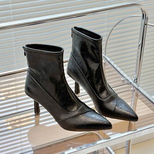 靴子女鞋冬2025新款爆款秋冬加绒后拉链高跟鞋法式气质细跟瘦瘦靴