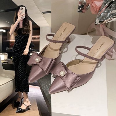 气质蝴蝶结缎面粉色高跟鞋细跟凉鞋女2025夏季小猫跟拖鞋尖头单鞋