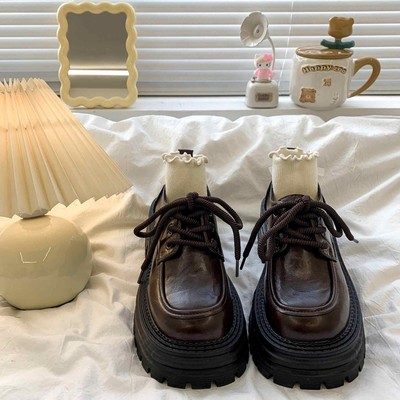 粗跟增高厚底黑色小皮鞋女2025春秋新款英伦风复古系带百搭乐福鞋