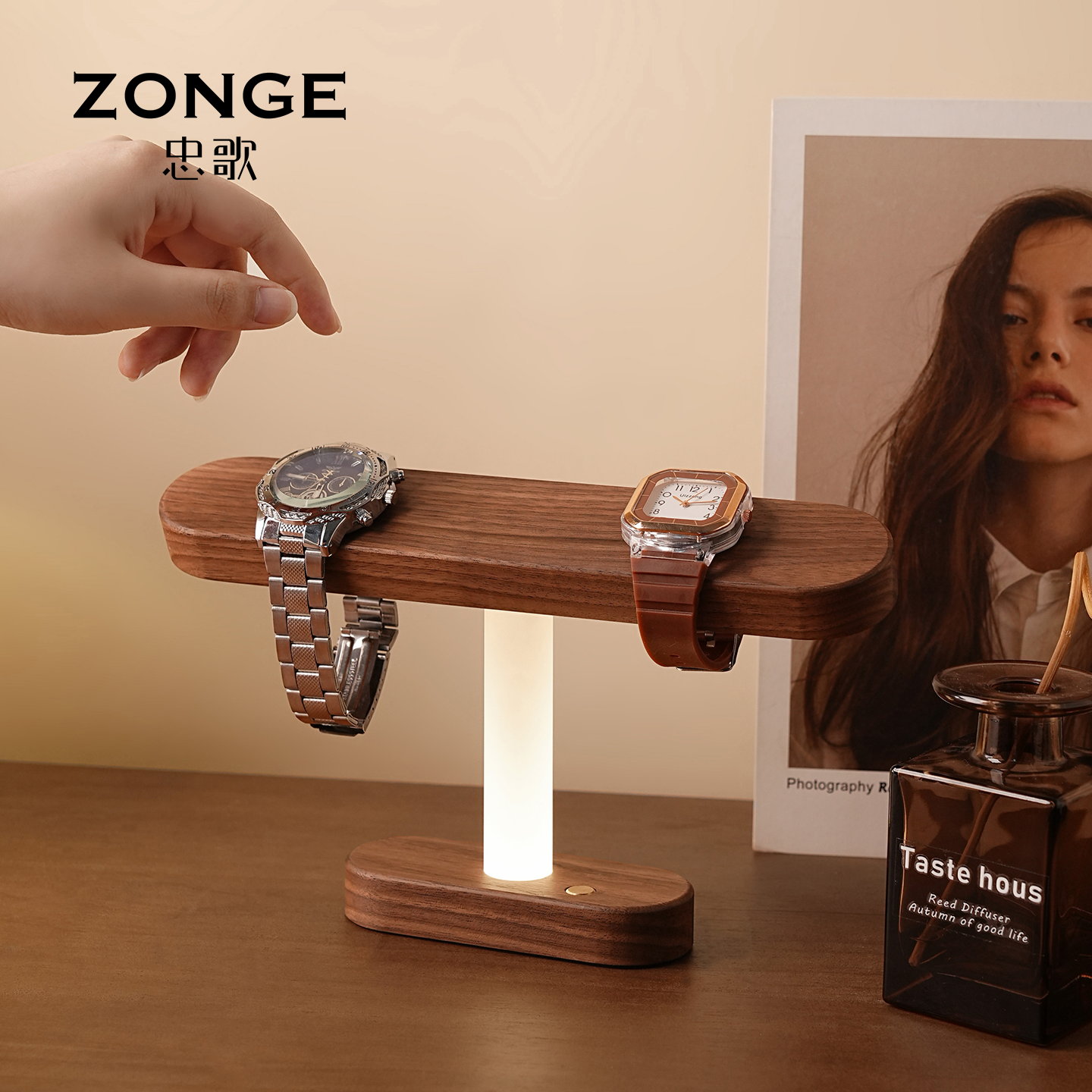 轻奢高级感实木手表架灯玄关摆件