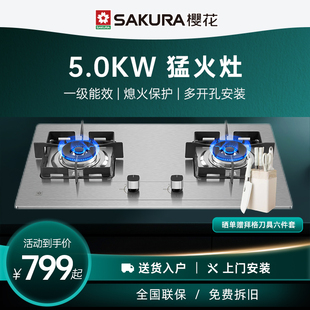 樱花不锈钢燃气灶双灶家用天然气猛火灶台嵌两用直火液化灶ADG05A