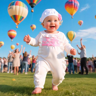 超洋气女孩婴儿百岁宴衣服薄款女宝宝拍照主题红色哈衣春秋连体衣