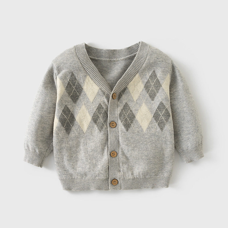 儿童毛衣秋冬款男宝宝菱格毛线开衫V领欧美英伦男童针织外套春秋