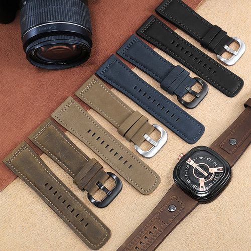 适配7七个星期五真皮l表带男sevenfriday蓝色磨砂复古皮表带28mm
