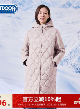 outdoor products秋冬户外长款超轻棉服连帽简约保暖外套菱形格