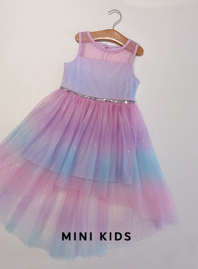 出口欧美~女童夏紫色渐变blingbling烫金不规则公主连衣裙礼服裙