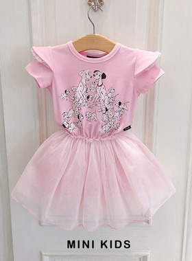 澳洲潮牌2-8岁女童宝ins粉色短袖斑点狗网纱蓬蓬裙卡通飞袖连衣裙