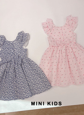 欧美单~ 甜美小公主 女童宝宝2-8岁小碎花蝴蝶结无袖裙飞袖连衣裙