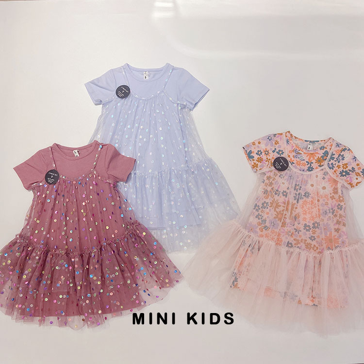 澳洲~cot女童2-8岁公主纯棉亮片碎花短袖网纱吊带连衣裙 两件套!