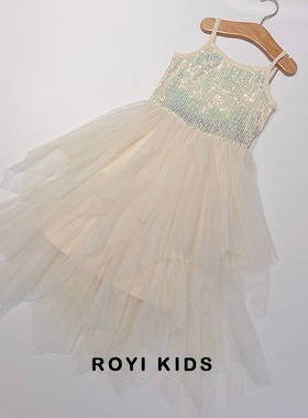 出口欧美~女童夏季中大童blingbling亮片吊带礼服裙 纱纱蛋糕裙