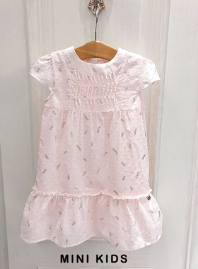 原D贵牌Lili~女童2-12岁宝宝纯棉优雅金色羽毛印花短袖公主连衣裙