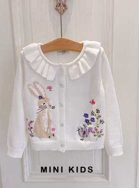 出口90-140女童春秋兔子植物花卉刺绣荷叶娃娃领纯棉毛衣针织开衫