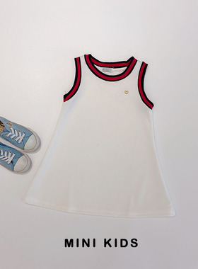 外单~女童2-10岁纯棉圆领拼色背心裙 夏季白色刺绣爱心无袖连衣裙