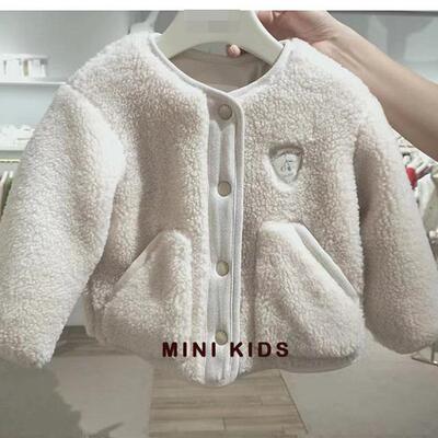 法单 女童樱桃卡其羊羔绒毛毛外套 泰迪绒夹棉厚外衣防风保暖上衣