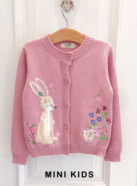 英国N家2-8小中女童宝春款小兔子重工手秀花朵刺绣棉毛衣针织开衫