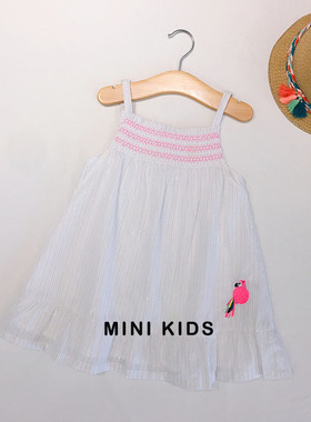 法单3-8岁女童宝bling彩色条纹小鸟刺绣打揽荷叶边沙滩吊带连衣裙