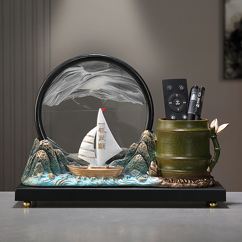 一帆风顺新中式流沙画笔筒高级感收纳摆件书房办公室客厅教师礼物