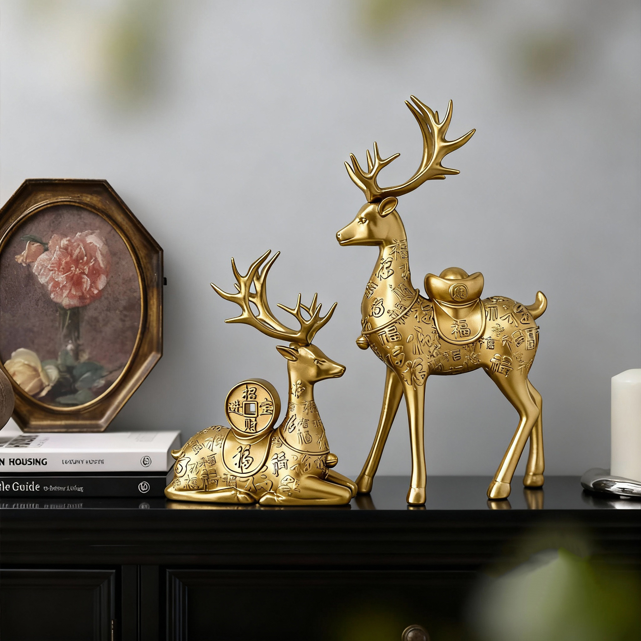 纯铜梅花鹿摆件中式福字工艺品客厅装饰品高档桌面摆设