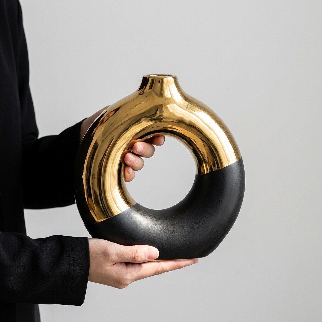 现代简约亚克力花瓶金色黑色圆环设计时尚个性家居装饰摆件