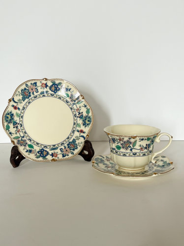 出口单 复古宫廷风波普花卉奶油黄色陶瓷盘 咖啡杯碟