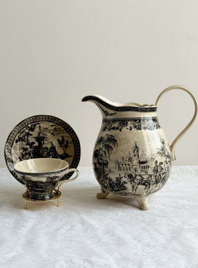 皇家雅顿中古瓷器 黑色系列皇家马车三脚奶壶 孔雀咖啡杯