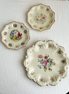 惊艳款 复古洛可可风格浮雕多角花卉人物陶瓷盘