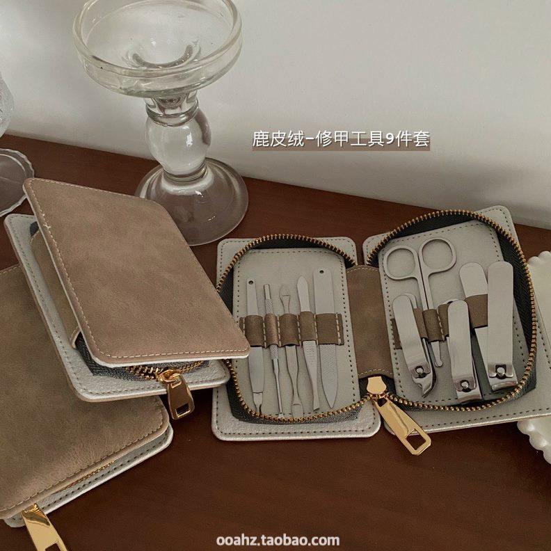高档货9件套 不锈钢美甲工具套装 指甲剪修甲刀挖耳勺pu皮拉链包