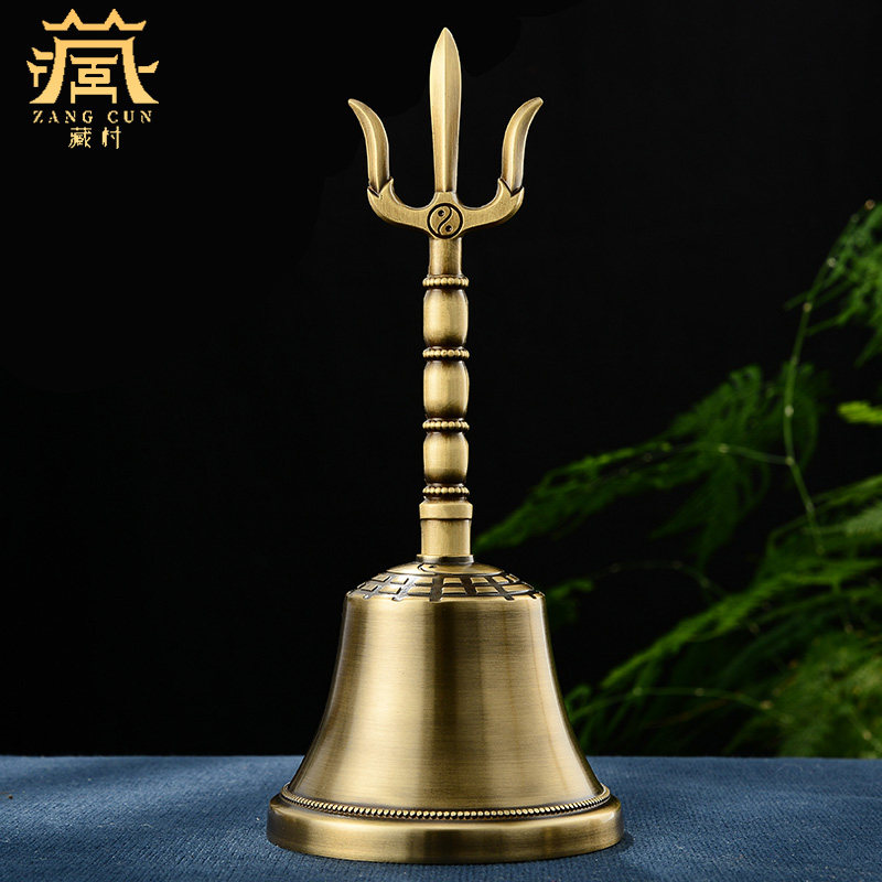 藏村铜三叉铃室内家用八吉祥雕花三清铃手摇铃铛铃杵藏式佛铃摆件