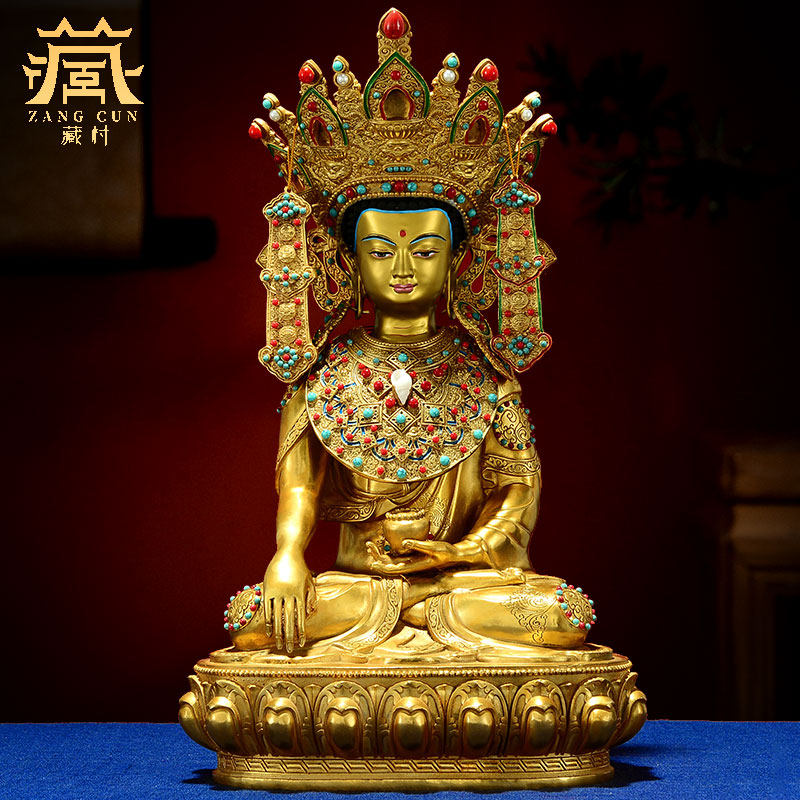 藏村家用桌面装饰铜像10寸铜鎏金雕花《觉卧佛》室内铜像工艺摆件