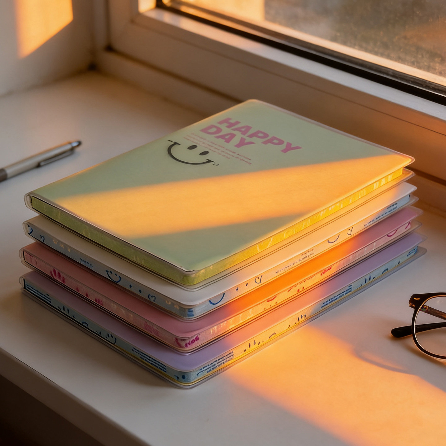 大角色喷边胶套本今日份快乐笑脸图案笔记本子透明胶皮记事本学生护眼书写软面抄创意简约软抄本横线日记本子