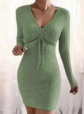 2024 striped V-neck bow wrapped hip dress 连衣裙