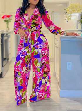 2024 Printed Collar Strap Shirt Wide Leg Pants Fashion Set