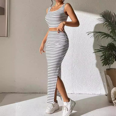 2024 Fashion Striped Knitted Tank Top Bag Hip Skirt Set