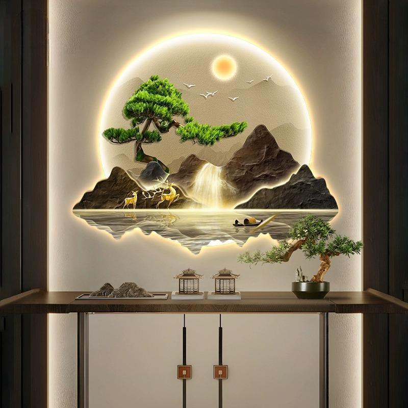 流水生财新中式玄关装饰画入户正对门迎客松山水带灯发光挂画壁画