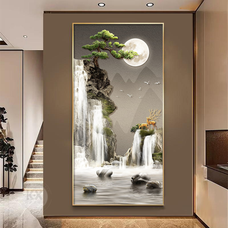 流水生财轻奢高端玄关画入户门装饰画新中式山水风景LED带灯壁画