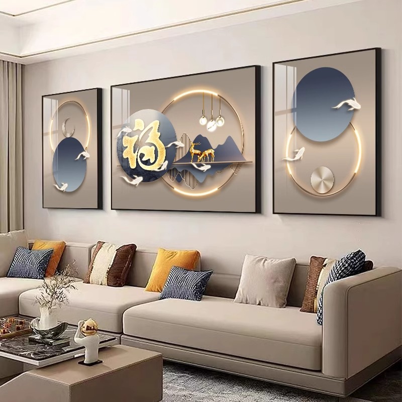 现代轻奢客厅画装饰画大气2024新款沙发背景墙挂画九鱼图蓝色壁画图片