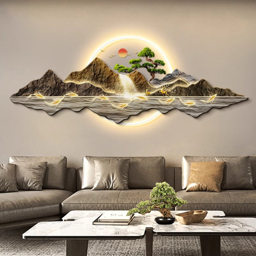 背有靠山客厅装饰画新中式沙发背景墙挂画山水风景九鱼聚财壁灯画